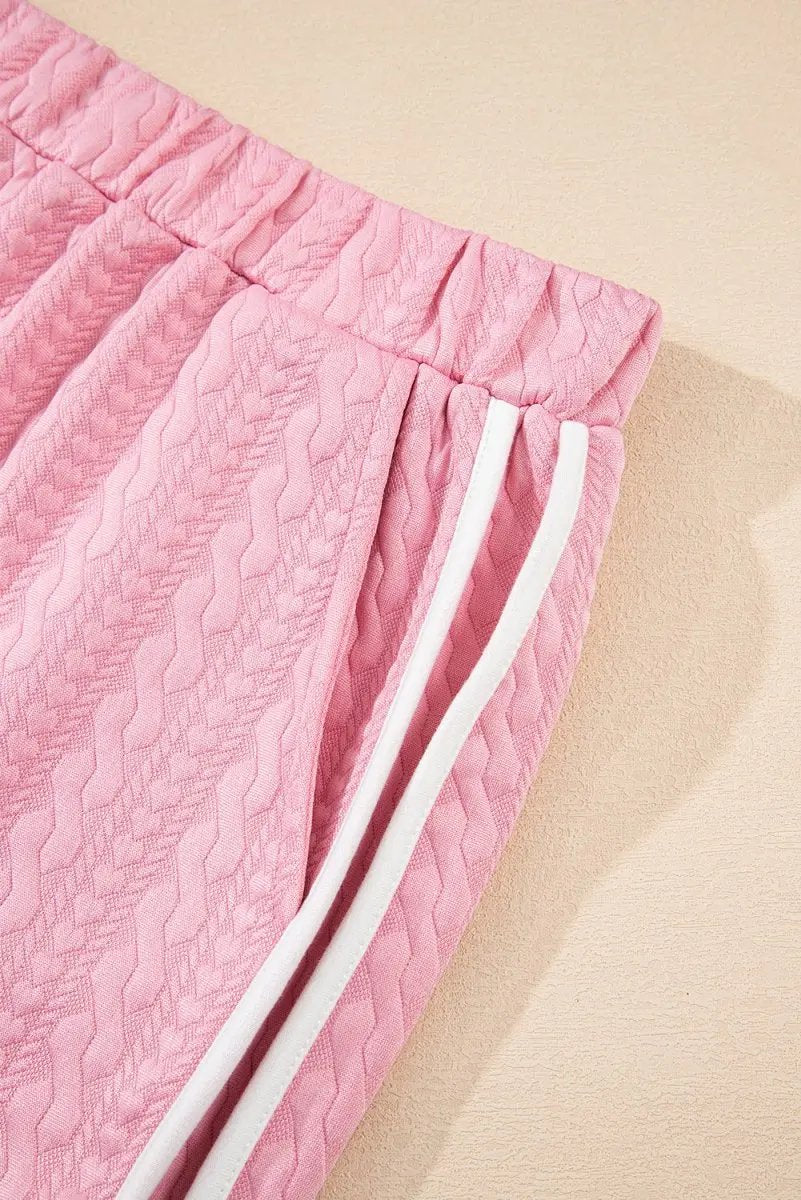 Pink Contrast Trim Textured Crewneck Tee And Pocketed Skirt Set - Love Salve